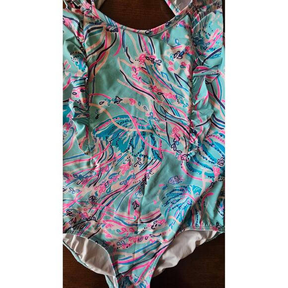 Lilly Pulitzer Girls One Piece Swimsuit, Sz 12, Bayside Blue Under The Moon - Picture 5 of 6